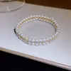 Pulseira de Rede Azul Dourada com Flor de Vidro Pérola Zircônia Brilhante Pulseira Elegante de Luxo Leve Joia de Mão Versátil da Moda