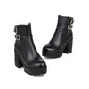 Botas de cuero de corte bajo para mujer europeas y americanas, otoño e invierno, talla 34-46, punta redonda, suela gruesa, antideslizante, cremallera lateral, tacón cuadrado, plataforma impermeable, botas Martin
