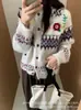 Cárdigan de Punto Jacquard Fair Isle para Mujer, Nuevo Estilo Coreano Otoño/Invierno, Bordado Floral Tridimensional, Suéter Abrigo Holgado de Cuello Redondo