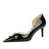 638-AK38 Zapatos de Banquete para Mujer de Estilo Europeo y Americano Tacón Fino Tacón Alto Boca Baja Puntiagudos Charol Hueco Lateral Hebilla Metálica Zapatos de Una Capa para Mujer