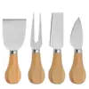 Conjunto de 4 peças de faca e garfo para queijo de aço inoxidável com cabo de madeira, plástico, cabo de carvalho, ferramenta para queijo, manteiga, pizza
