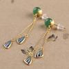 Aretes de Calcedonia Verde Natural, Aretes Largos Elegantes de Plata Esterlina Chapada en Oro, Falda Larga, Aretes de Disfraz Hanfu