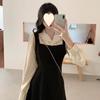 Otoño 2025 Vestir Nuevo Vestido de manga larga Empalme para mujer Falso de dos piezas Sencillo Nicho francés Vestido para estudiantes