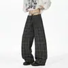 Pantalones Casuales de Retazos con Doble Cintura Estilo Retro Americano Cuadriculados para Hombres y Mujeres Pierna Ancha Holgada de Longitud al Suelo con Cordón Largos