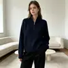 Suéter Corto de Cuello Solapa con Media Cremallera para Mujer Otoño e Invierno Nuevo Grueso Raglán Manga Larga Color Puro Casual Tejido Top