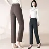 Pantalones rectos hechos a medida para mujeres de mediana edad y mayores, nuevo estilo de otoño, cintura alta, corte holgado, efecto adelgazante, cintura elástica, color café, estilo casual