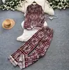 Conjunto de dos piezas para mujer, camisa estampada de manga larga estilo commuter, cárdigan ajustado y pantalones de pierna ancha para otoño, conjunto de atuendo versátil para otoño
