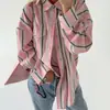 Camisa de Rayas con Solapa Retro Francesa Estilo Perezoso Holgada Casual Manga Larga Moda Versátil Cárdigan de Bloques de Color