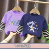 Camiseta Manga Longa Infantil para Meninos Estilo Casual Desenho Animado Bebês Meninos Primavera e Outono Gola Redonda Falsa Duas Peças Top Solto Algodão Puro