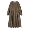 Vestido de Veludo Cotelê Texturizado Artístico Doce com Mangas Bufantes Khaki Solto de Manga Longa