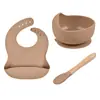 Vajilla para Bebé Tazón de Comida Babero de Silicona Cuchara de Madera Juego de Cena de Tres Piezas Set Especial Anticaídas para Bebé