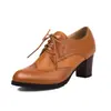 Sapatos femininos retro de amarrar com salto alto, bico redondo, salto grosso, tamanho grande, sapatos de primavera e outono, tamanho grande, comércio exterior 3-608