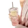 Canecas de Casal Mais Vendidas Alta Aparência Copo para Bebida Fria Suco Café com Tampa Canudo Grande Capacidade Copo de Vidro Listrado Copo de Água