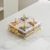 Prato de frutas de vidro de luxo leve, prato criativo dividido para lanches na sala de estar da casa, prato de lanches de frutas secas, prato de sobremesa, prato de frutas e doces