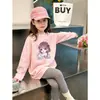 Camiseta de algodão puro com estampa de desenho animado para meninas, manga longa, corte solto casual estilo coreano, camiseta básica casual fofa para crianças, primavera e outono