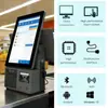 Caja registradora POS de pantalla grande táctil dual con capacidades de escaneo de códigos de barras; una computadora de caja registradora de escritorio compacta para pequeñas empresas y supermercados, con funcionalidad de pago con tarjeta