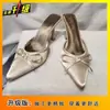 Saltos Agulha Baixos com Laço, Sapatos de Salto Alto Bico Aberto, Novidades Primavera/Verão 2025 Mules de Moda Retrô Francês Bico Fino