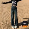Jeans Reta Edição Estreita Cinza Cimento Feminino Outono e Inverno com Forro de Lã 2024 Novo Estilo Pequeno Retrô Cintura Alta Calças de Perna Larga
