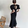 Dongdaemun Verano Nuevo Producto Estilo Francés Cuello Cuadrado Espalda con Tiras Cut Out Falda Cola de Pez Vestido de Manga Abullonada para Mujer