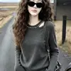 Suéter de Punto Nuevo con Cuello Redondo, Camiseta Básica, Top Hueco de Manga Larga, Suéter con Perlas Estilo Coreano para Mujer, Primavera, Otoño, Invierno 2026