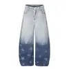 Calça jeans tie-dye com barra curva e degradê para homens, marca moderna, corte solto, estampa de estrela de cinco pontas, desgastada, calça de perna larga curva
