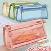 Estuche de malla transparente simple para la vuelta al cole para estudiantes, caja de papelería de doble capa de gran capacidad para exámenes, venta al por mayor para niños y niñas