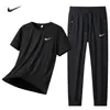 Conjunto masculino de verão de seda gelada de duas peças, marca moderna de manga curta e calça comprida para meia-idade e idosos, conjunto completo de roupas esportivas casuais para corrida de pai