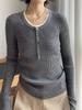 Top de punto de lana 100% con cuello Henry y manga larga, estilo falso dos piezas, camisa básica de punto ajustada con cuello redondo y botones, prendas de punto versátiles y elegantes