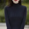 Top de punto acanalado de algodón puro de cuello medio alto transfronterizo para mujer, nueva moda de otoño e invierno, camiseta básica versátil cálida y transpirable con mangas largas
