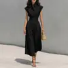 Vestido de Verão 2026 Feminino Nova Moda Amazon Cross-Border Estilo Europeu e Americano Elegante Cor Sólida Afunilado na Cintura com Manga Flare
