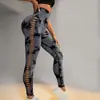 Pantalones de Yoga Tie-Dye sin Costuras de Cintura Alta Huecos Melocotón Glúteo Fitness Deportivos Ajustados Malla Sexy Ropa de Yoga para Mujer