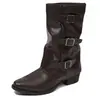 Novas botas de equitação de couro com fivela estilo comércio exterior, salto baixo, altura média da panturrilha para mulheres, botas de couro finas vintage de salto grosso para cross-border, Amazon