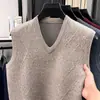 Suéter de Tricô Casual Masculino Outono e Inverno Gola V Simples Moda Cor Sólida Pulôver Colete Sem Manga