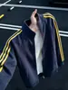 Sudadera con capucha de punto gris con tres rayas y estampado de flor blanca para hombre, Otoño, Cleanfit, Ropa deportiva, Chaqueta de pareja americana