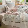 Conjunto de cuatro piezas de encaje de algodón puro estilo princesa coreana, conjunto de tres piezas de funda de edredón para dormitorio de algodón lavado estilo fresco y cremoso de Instagram