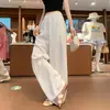 Calça larga de algodão e linho branca para mulheres, fina de verão, cintura alta, folgada, estilo old money, casual, seda gelada, perna reta, preguiçosa, comprimento no chão