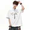 Nasa sobre Camisa Polo Estampada Divertida com Grafite Manga Curta Masculina Verão Tendência Patchwork Listrada Fresca e Estilosa