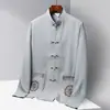 Novo Traje Tang de Seda Gelada Estilo Chinês para Primavera e Verão para Homens, Meia-Idade e Idosos, Roupa Retrô de Manga Longa para Pai, Conjunto Hanfu Vovô Estilo Chinês