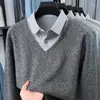 Camisa de Tricô Masculina Dois em Um Estilo Old Money Outono 2026 Nova Camisa Casual Masculina com Gola Imitação de Caxemira