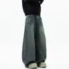 Calça jeans retro patchwork azul de perna curva para homens, coleção de outono, calça de perna larga lavada, calça reta solta estilo americano da moda