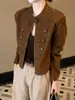 Jaqueta de couro curta feminina com gola alta retrô, abotoada e com zíper, nova coleção de outono 2026, design de nicho, efeito emagrecedor