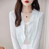 Cardigan de Tricô com Proteção Solar de Design de Verão 2024 Feminino Fino de Manga Longa Pequeno Xale Externo Top Curto