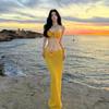 Traje de baño de bikini para mujer 2025 nuevo tailandés hermoso amarillo dividido de tres piezas sexy vestido largo estilo vacaciones isleñas