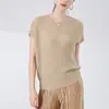Camiseta Feminina Solta de Manga Curta Leve Respirável Manga Morcego Miyake Plus Size Cobertura Corporal Versátil Top Plissado