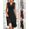 Moda Femenina Transfronteriza, Popular en Europa y América, Nuevo Estilo de Verano, Color Sólido Cuello en V, Cintura Suelta, Pliegues Cruzados, Vestido Midi sin Mangas