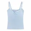 Estilo dulce y sexy, camisola con volantes y bordado de letras con copas incorporadas, adecuada para usar como prenda exterior o como capa base