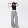 2025 Pantalones Casuales de Cintura Alta con Costuras de Encaje Negro para Mujer, Primavera, Holgados, Adelgazantes, Rectos