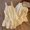 Conjunto de tirantes de algodón nube estilo princesa dulce para mujer con tirantes florales de encaje y estampado de dibujos animados, adecuado para ropa de casa, dos piezas