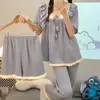 Pijama transfronteiriço feminino de verão doce ins manga curta calça conjunto de três peças tamanho grande extra 250kg roupa de casa pode ser usada fora