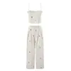 Estilo Europeo y Americano Retro Estampado de Cerezas Fruncido Ajustado Corto Camisola Superior Pantalones de Pierna Ancha de Cintura Alta Conjunto Dulce y Picante